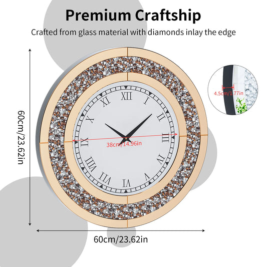 60 to 80 CM Bling Silver Round Mirror Clock Glam Sparkle Twinkle Shining Wall Clock for Home Decor
