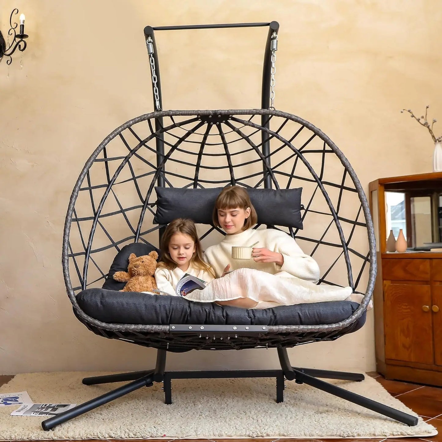 Double Egg Swing Chair With Stand 2-Person Hanging Hammock Chair With Cushion for Patio and Living Room 550 Lb Capacity