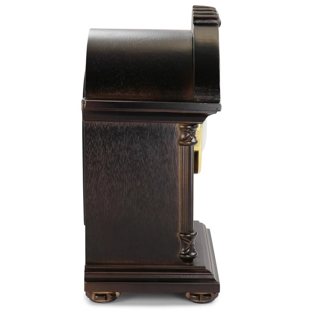Chocolate Wood Mantel Clock with Chimes Four Chime Modes Volume Toggle Classic Roman Numerals Cozy Home Decor Battery Operated