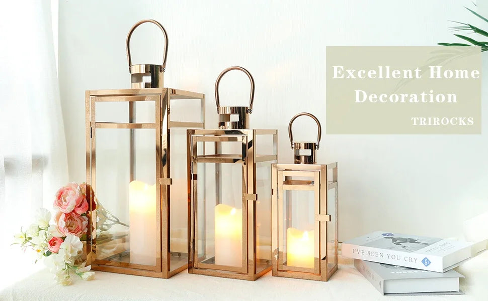 Set Of 3 Rose Gold Stainless Steel Candle Lanterns 19 Inch