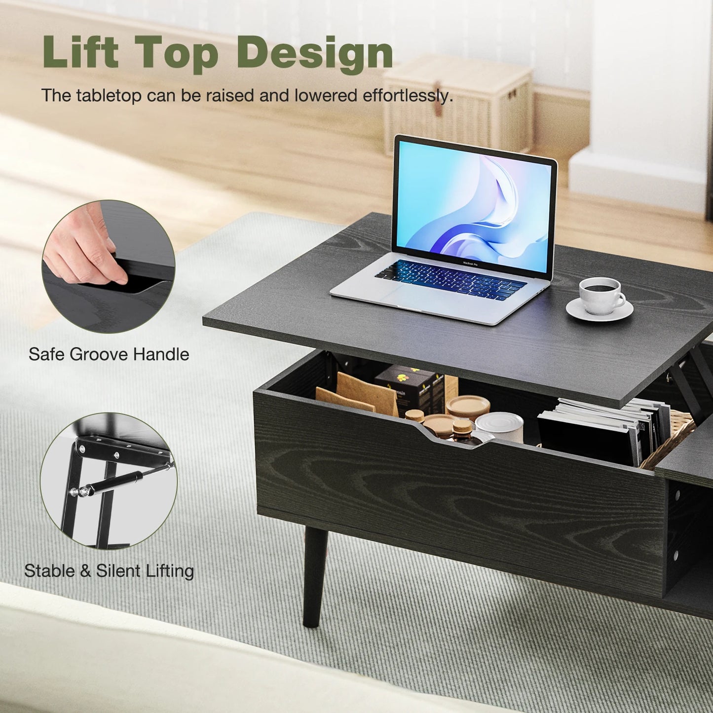 JHK Lift Top Wood Coffee Table With Storage For Living Room