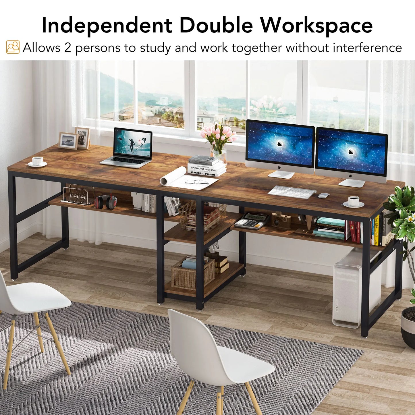 Tribesigns Two Person Desk With Bookshelf 78.7 Inch Rustic Double Computer Desk