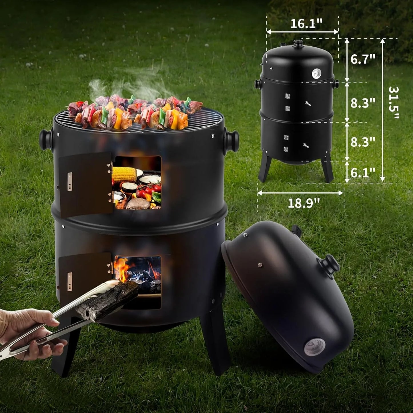 16 Inch Charcoal BBQ Smoker Grill 3 in 1 Portable Vertical Grill Cooker with Built in Thermometers and Adjustable Vent Systems