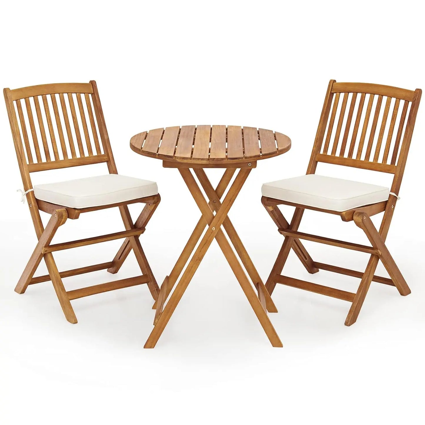 3 Piece Patio Bistro Set Acacia Wood With Folding Round Table Cushions Outdoor