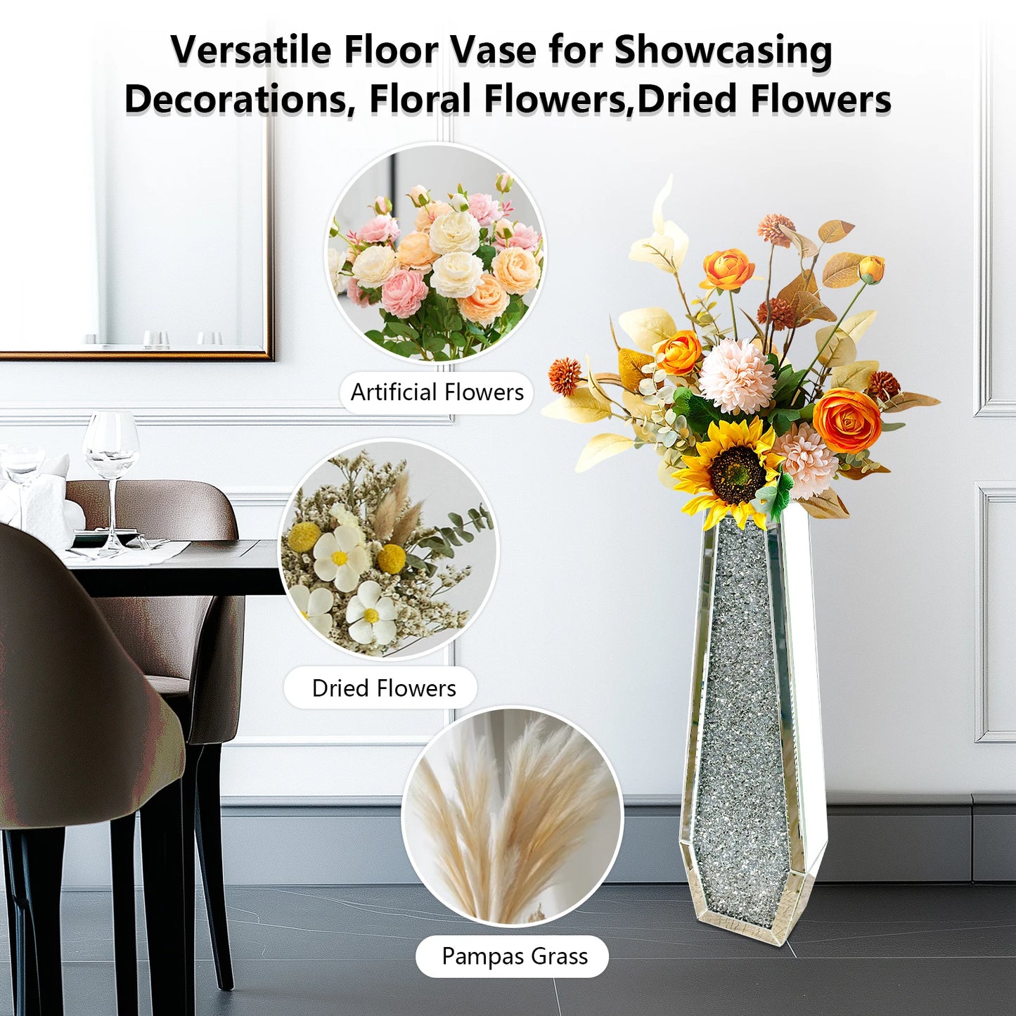 2 Shapes 68CM Crushed Diamond Decorative Mirrored Floor Vase Crystal Silver Glass Flower Vase for Pampas Grass and Artificial Flowers