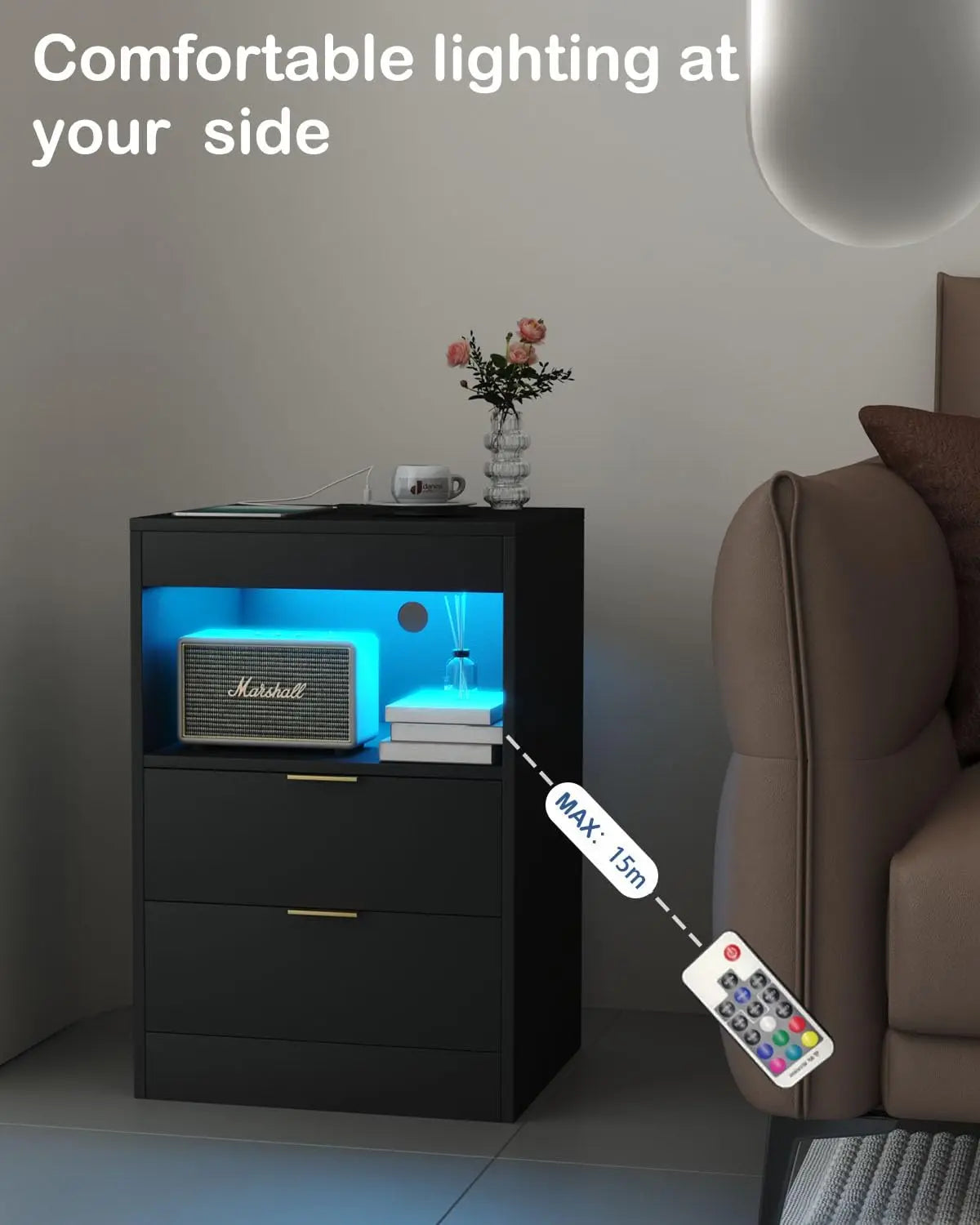 LED Nightstand With Charging Station 3 Drawers End Table
