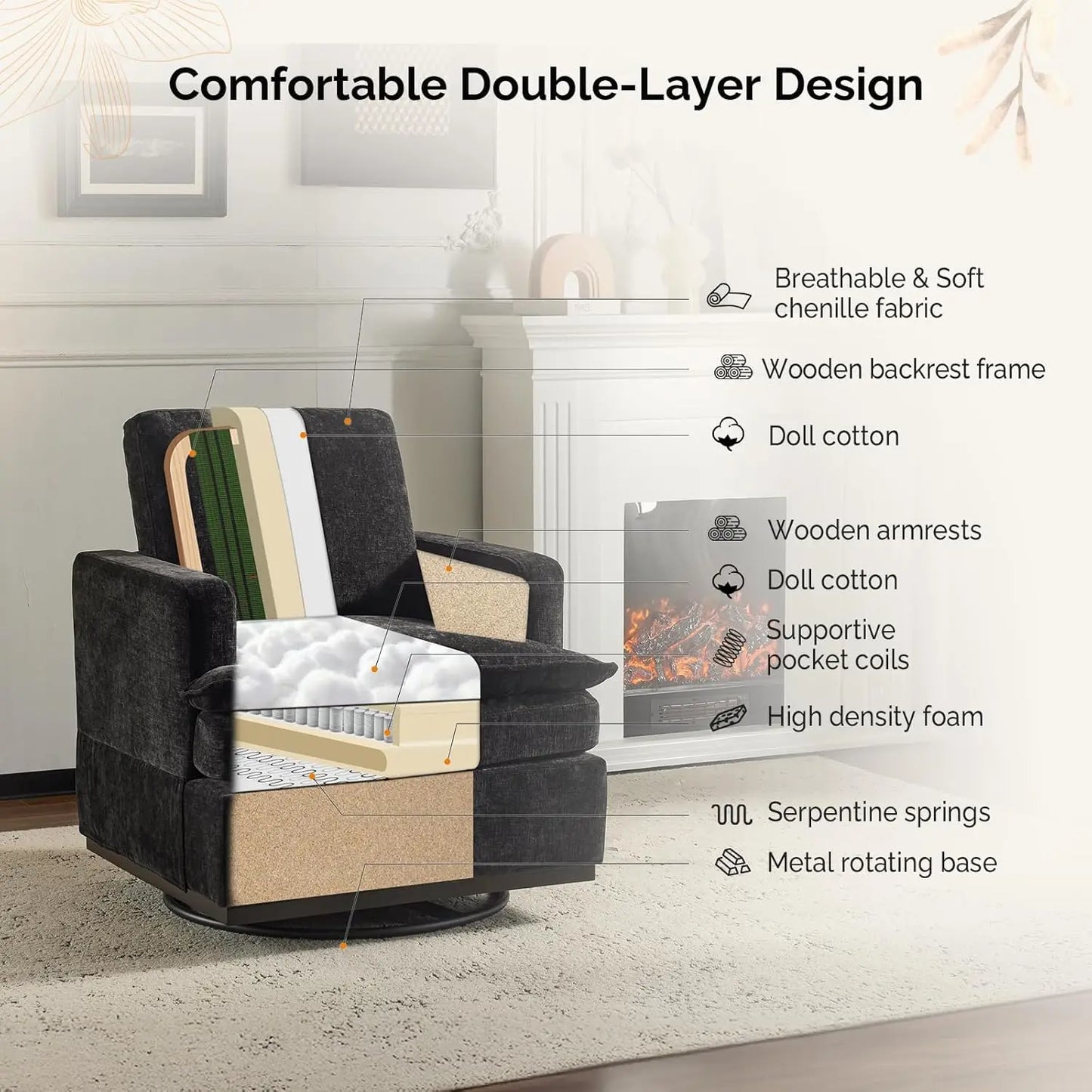 360 Degree Swivel Mid Century Modern Accent Armchairs Set Of 2 With Cushions