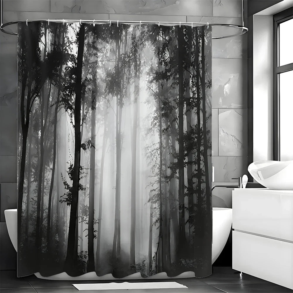 Black Tree Shower Curtain Misty Forest Waterproof Hooks