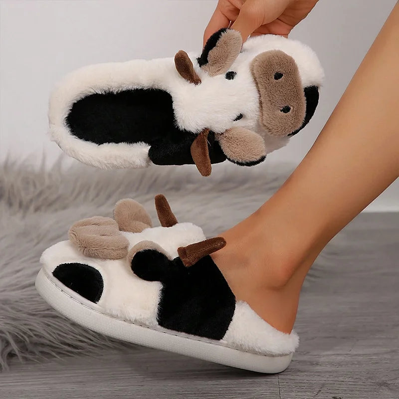 Ladies Winter Slippers Cute Cartoon Heart Animal Cow Fur Warm Anti Slip Indoor