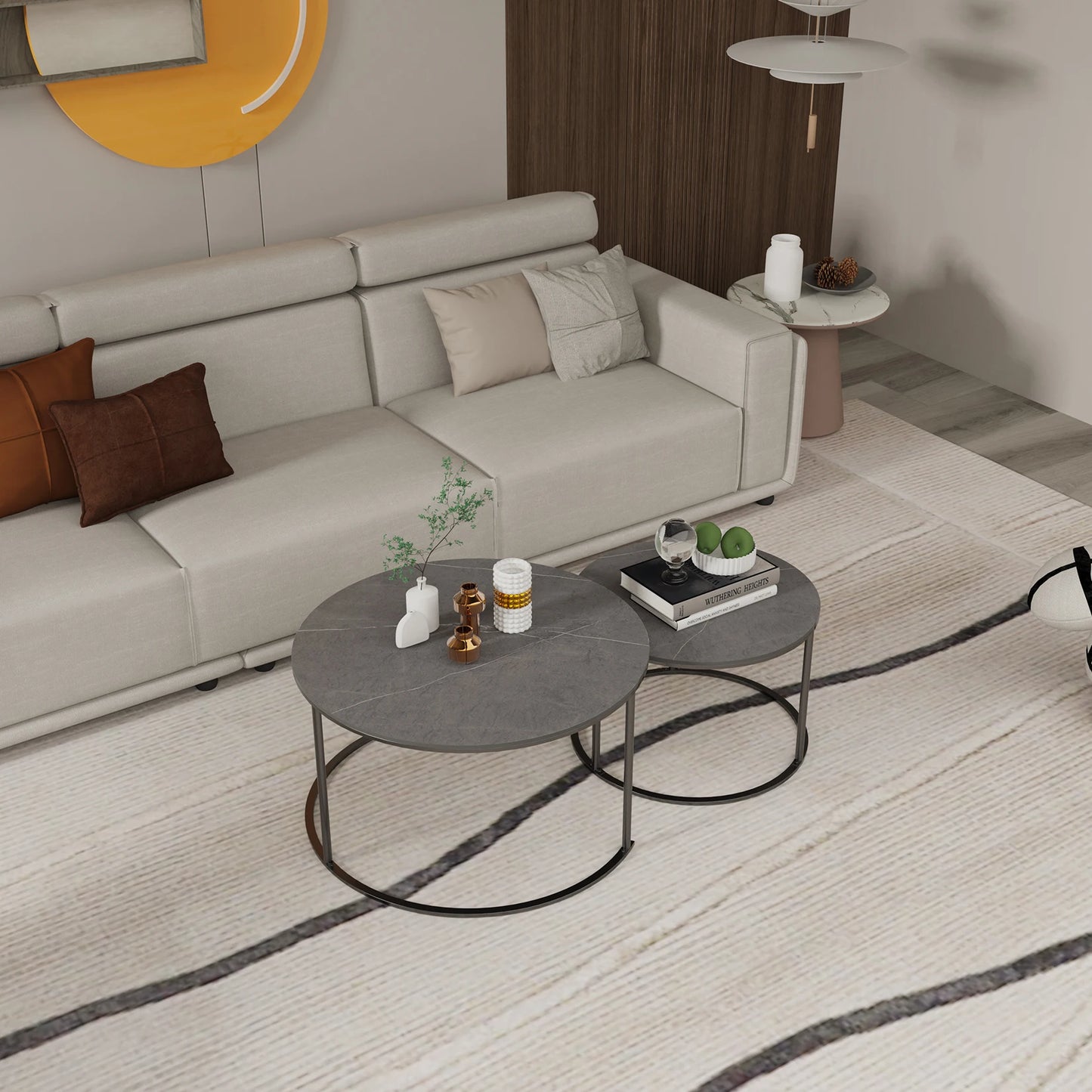 Modern Nesting Grey Marble Top Coffee Table Set Metal Legs