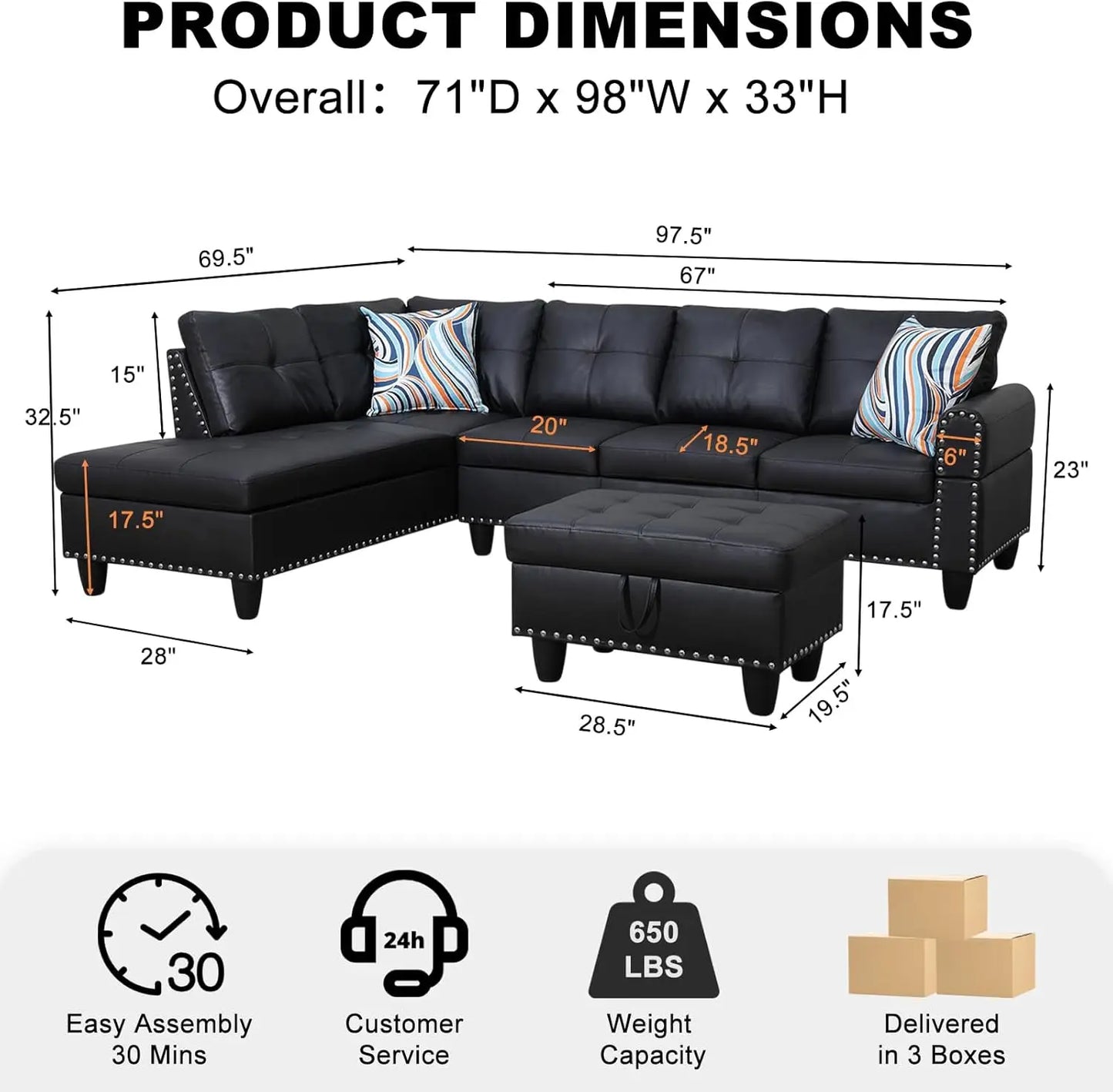 Sectional L Shape Couch 4 Seaters Chaise Lounge Ottoman
