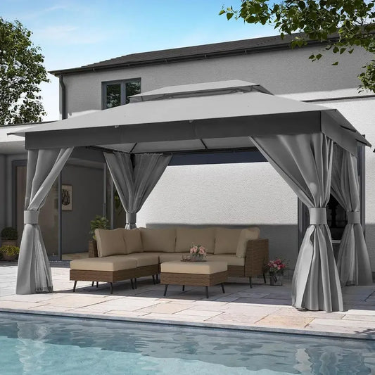 Durable 10x13 Outdoor Gazebo Double Roof Mosquito Netting Privacy Screen Gray