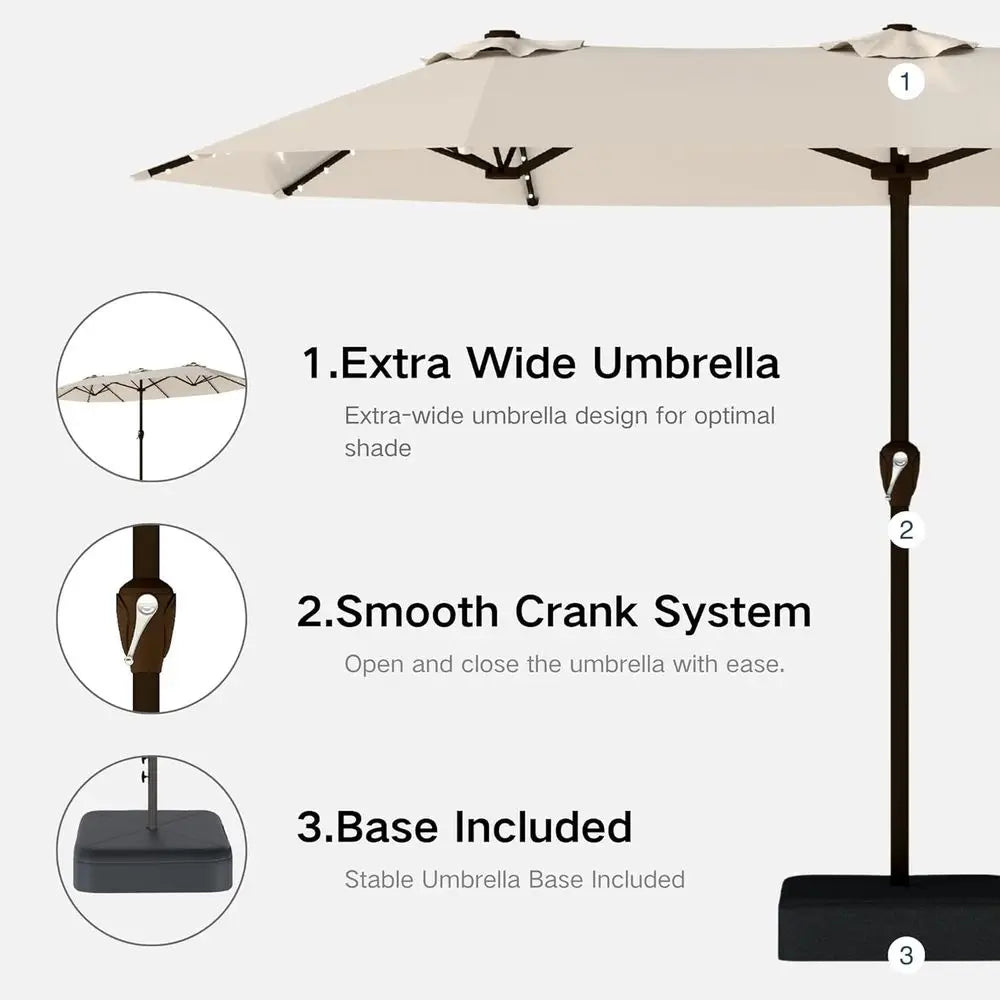 Solar Powered LED Patio Umbrella 13ft Rectangle With Crank Lift Base Beige