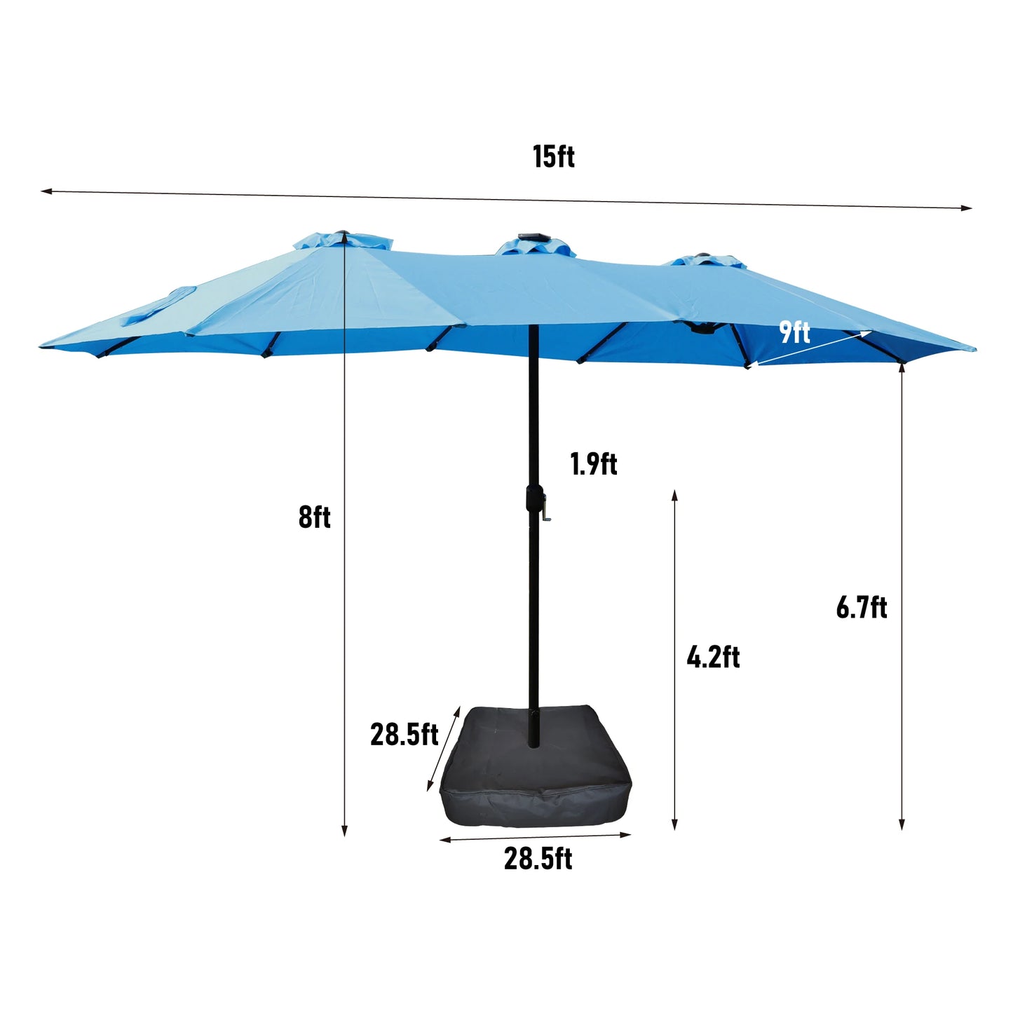 15 X 9 Ft Large Double Sided Rectangular Outdoor Twin Patio Umbrella With LED Light And Base Blue