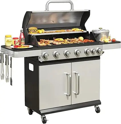 6 Burner Propane Gas BBQ Grill with Side Burner and Porcelain Enameled Cast Iron Grates 65500 BTU Output Stainless Steel Grill