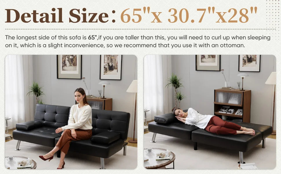 Folding Futon Sofa Bed For Living Room Faux Leather Upholstered Loveseat