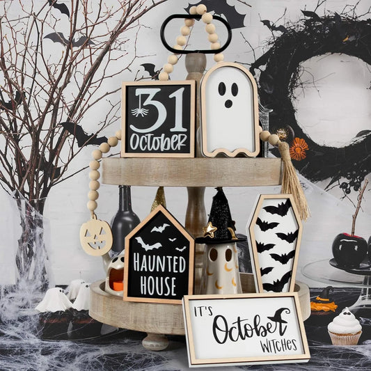 6Pcs Bat Coffin Ghost Wooden Sign Halloween Theme Party Home Decor Tiered Tray Decoration