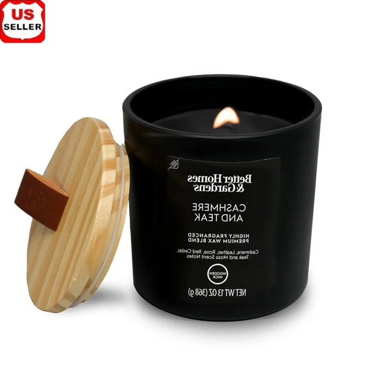 Scented Wooden Wick Jar Candle 13oz Cashmere Teak In Black Glass Leather Lid