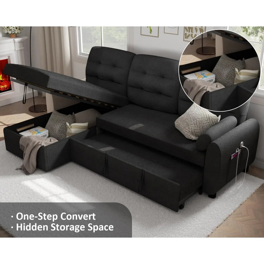 87 Inch Sleeper Sectional Sofa Bed With Storage Chaise