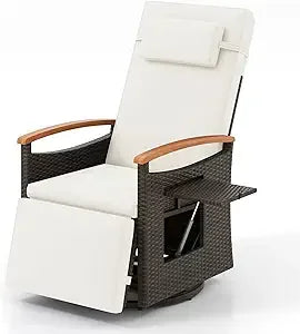 Swivel Recliner Chair Wicker Rattan Armrests Adjustable Back Flip Side Table