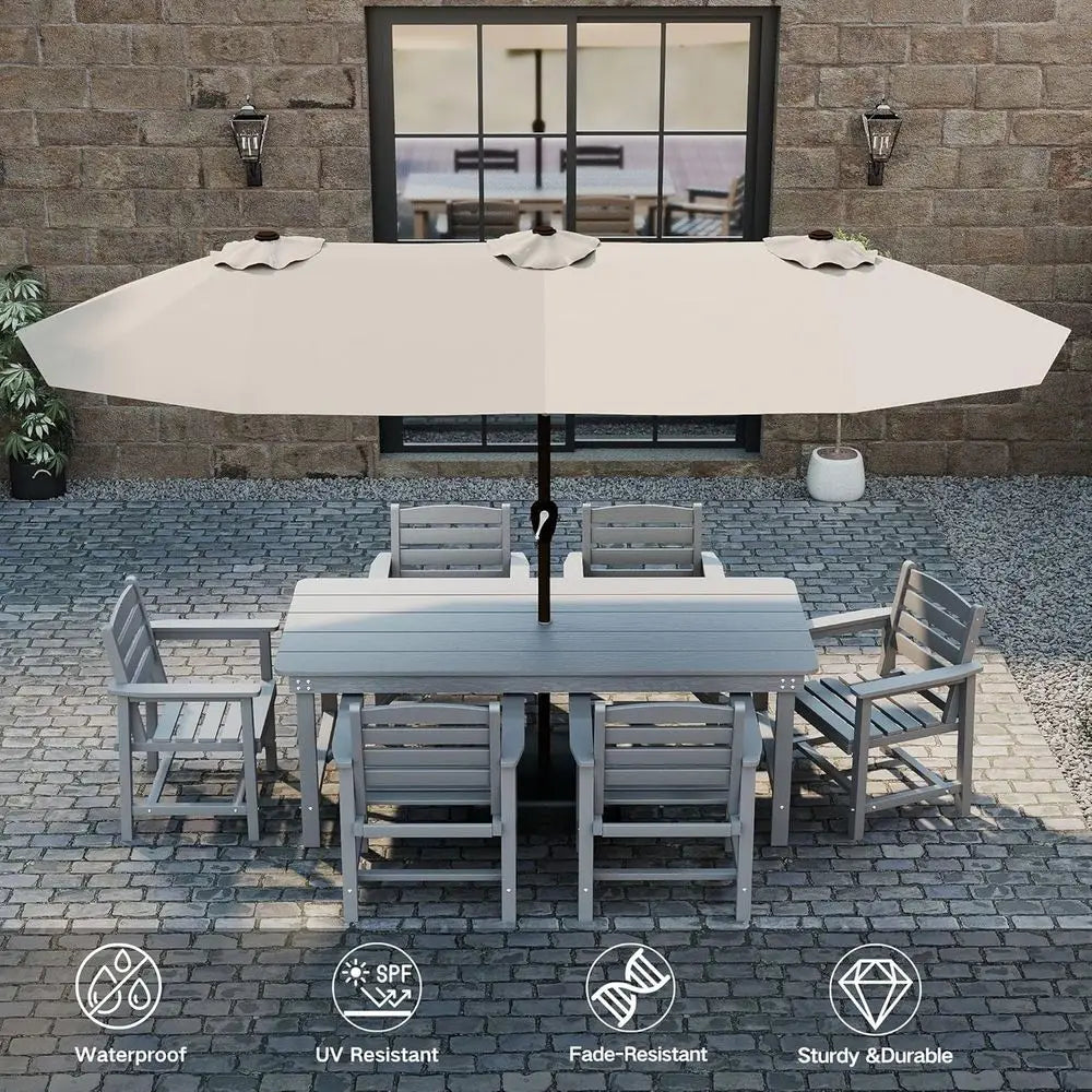 Solar Powered LED Patio Umbrella 13ft Rectangle With Crank Lift Base Beige