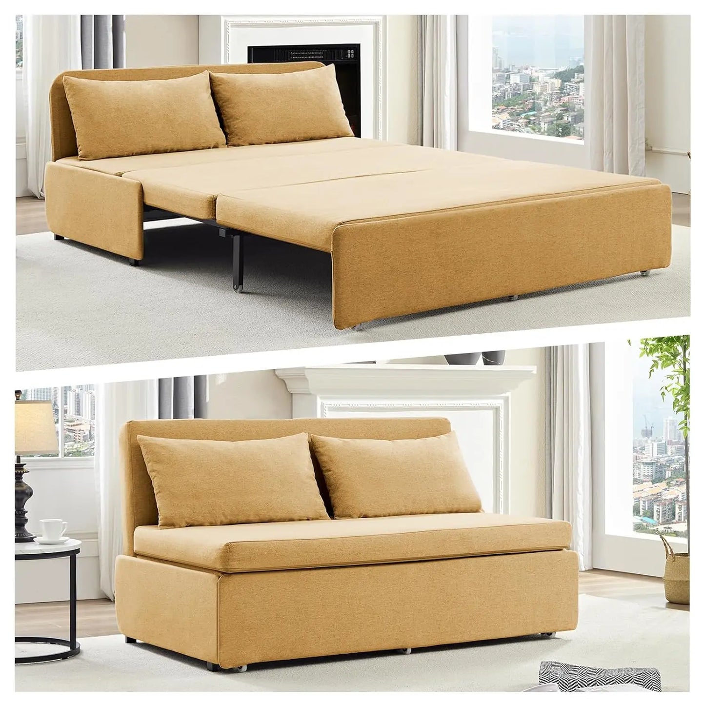 Queen Size Pull Out Sofa Bed Linen Convertible Couch With 2 Pillows
