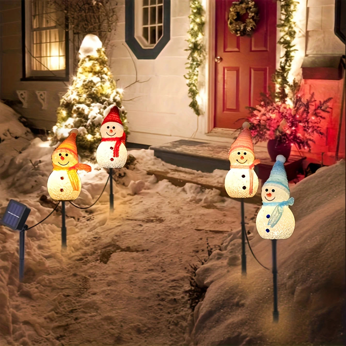 Solar Powered Snowman Lights 4-Piece Set With 1 Solar Panel Christmas Lawn LED
