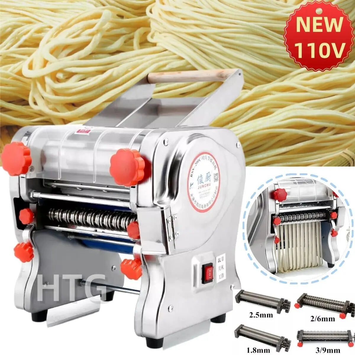 550W Electric Pasta Maker Noodle Machine Dumpling Skin Roller Stainless Steel Dual Knife Noodle Maker for Commercial Use