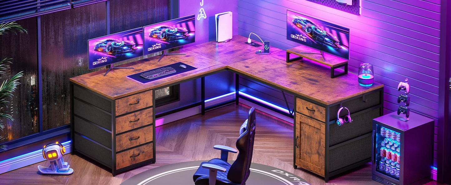 63 Inch L Shaped Corner Desk With 5 Drawers And Power Outlet For Home Office