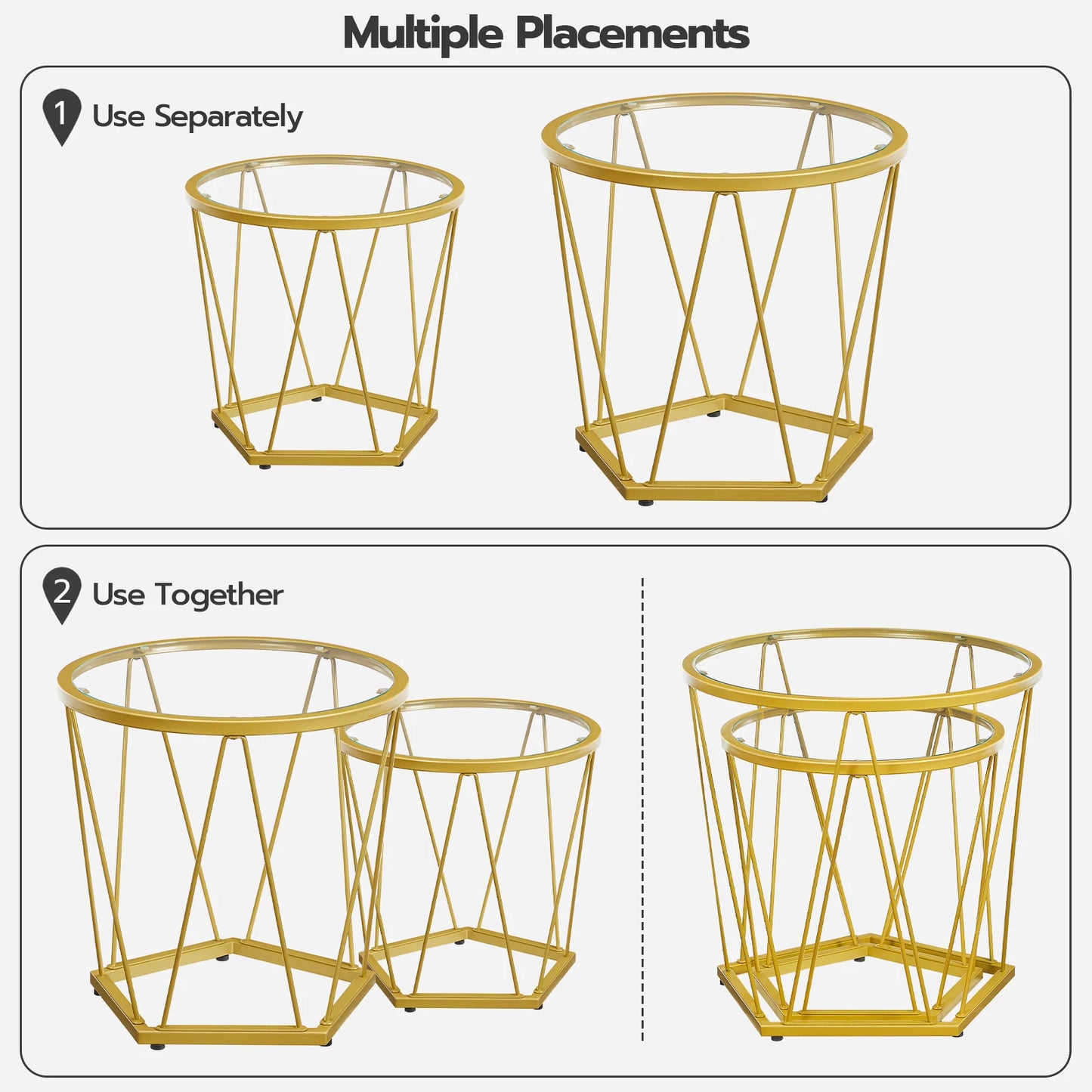 HOOBRO Modern Gold Round Glass Coffee End Tables Set of 2
