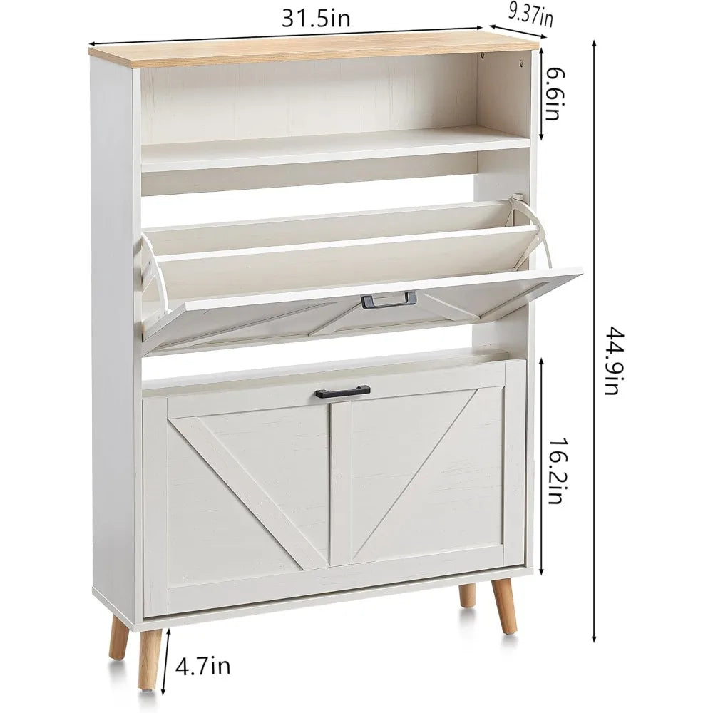 White Oak Freestanding Farmhouse Shoe Cabinet With Flip Drawers And Doors