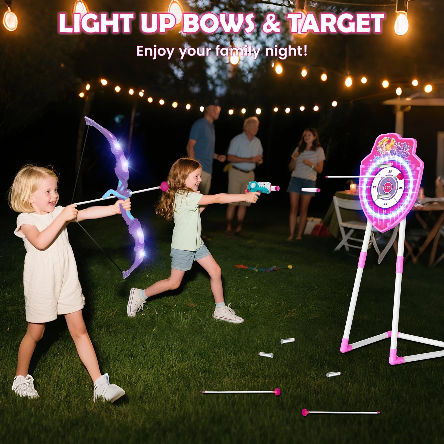 VATOS Night Light Bow and Arrow Toy for Girls Archery Set with Target Board