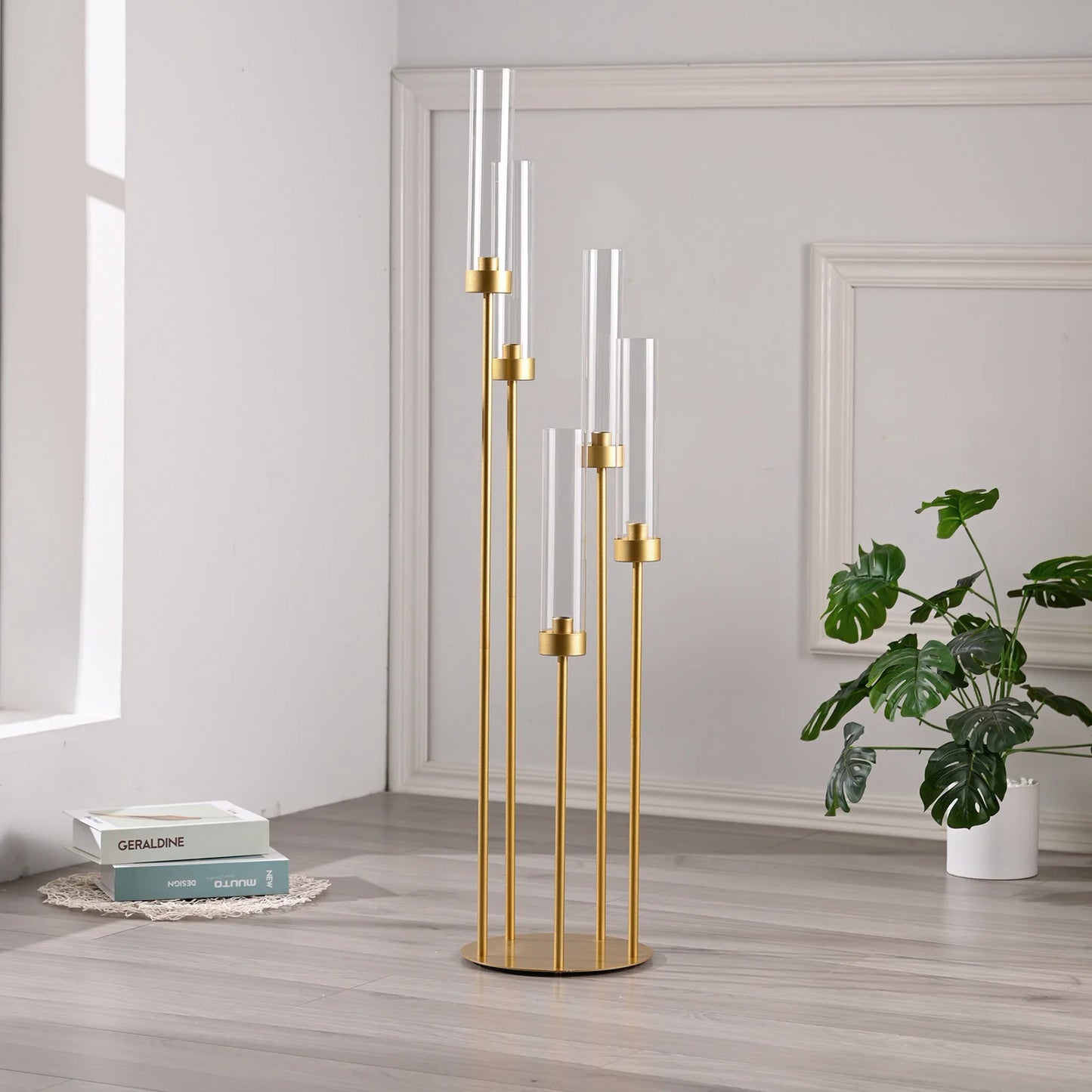 Gold Floor Candelabra 5 Arm Candle Holder Acrylic Shade
