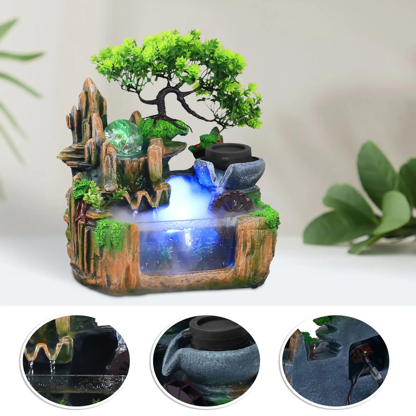 Bonsai Tree Rock Water Fountain Indoor Tabletop Waterfall with LED Light Home Decor and Office Gifts