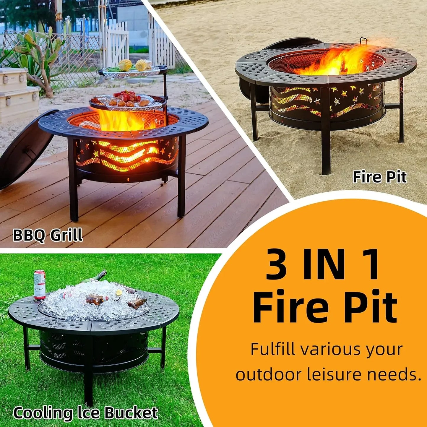 42 Inch Outdoor Fire Pit With Grills Wood Burning Large Round Heavy Duty Metal