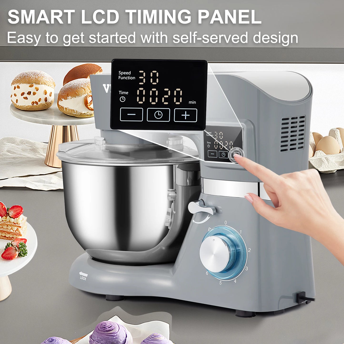 SucceBuy Electric Dough Mixer Stand Mixer with 6 Speeds LCD Touch Screen Timing 5.8 Quart Stainless Steel Bowl Dough Hook Flat Beater