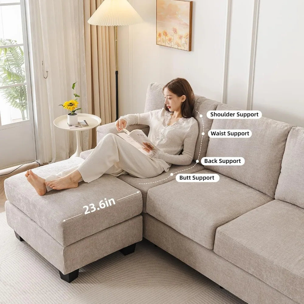85 Inch L Shaped Couch With Movable Ottoman Chenille Sectional Sofa