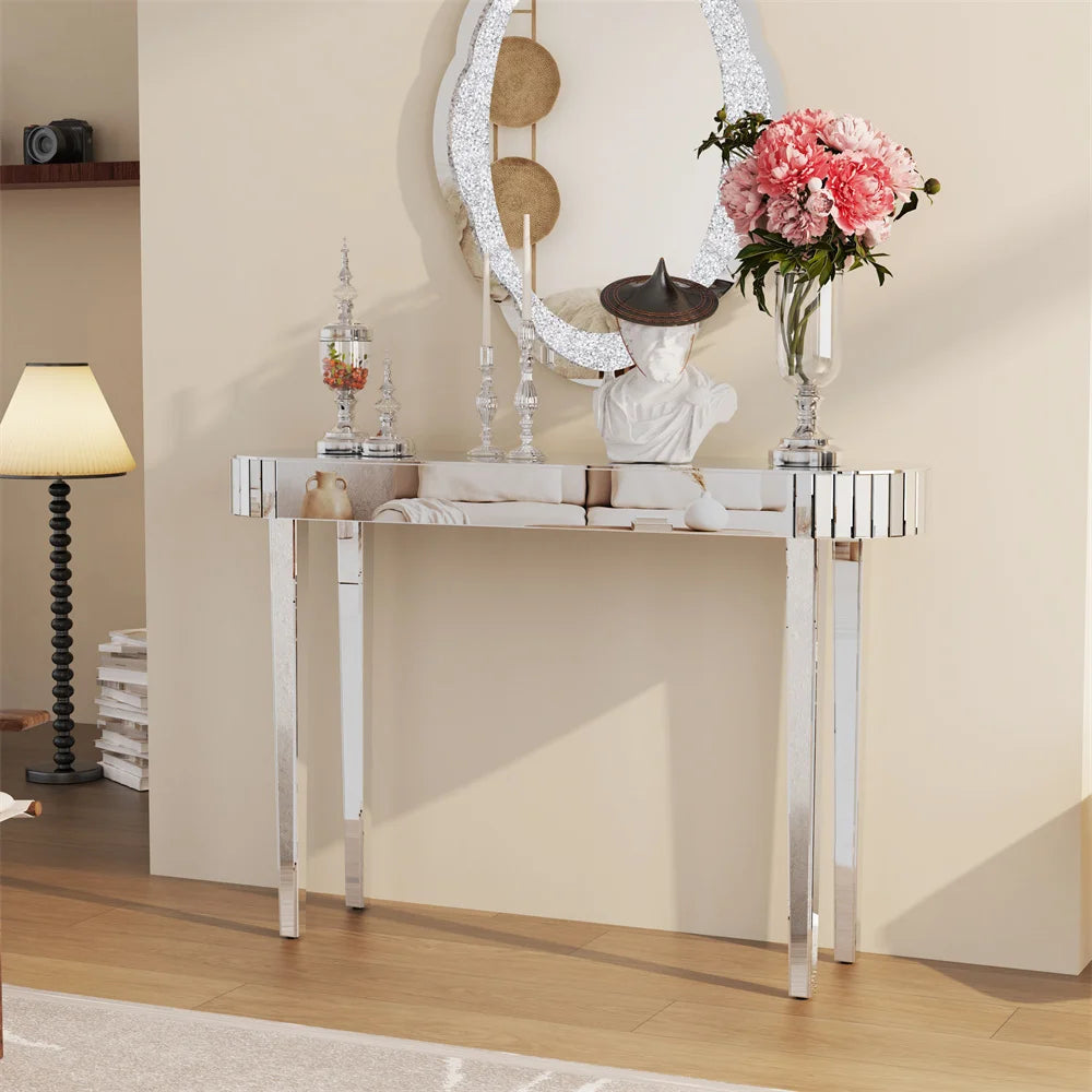 LUVODI Modern Glass Mirror Console Table Crushed Diamond