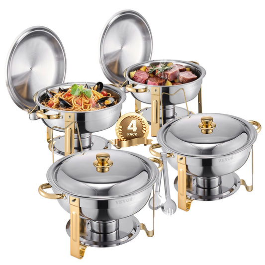 VEVOR 4 Pack Stainless Steel Chafing Dish Buffet Set with 4 Full Size Pan Round Catering Warmers for Party Banquets