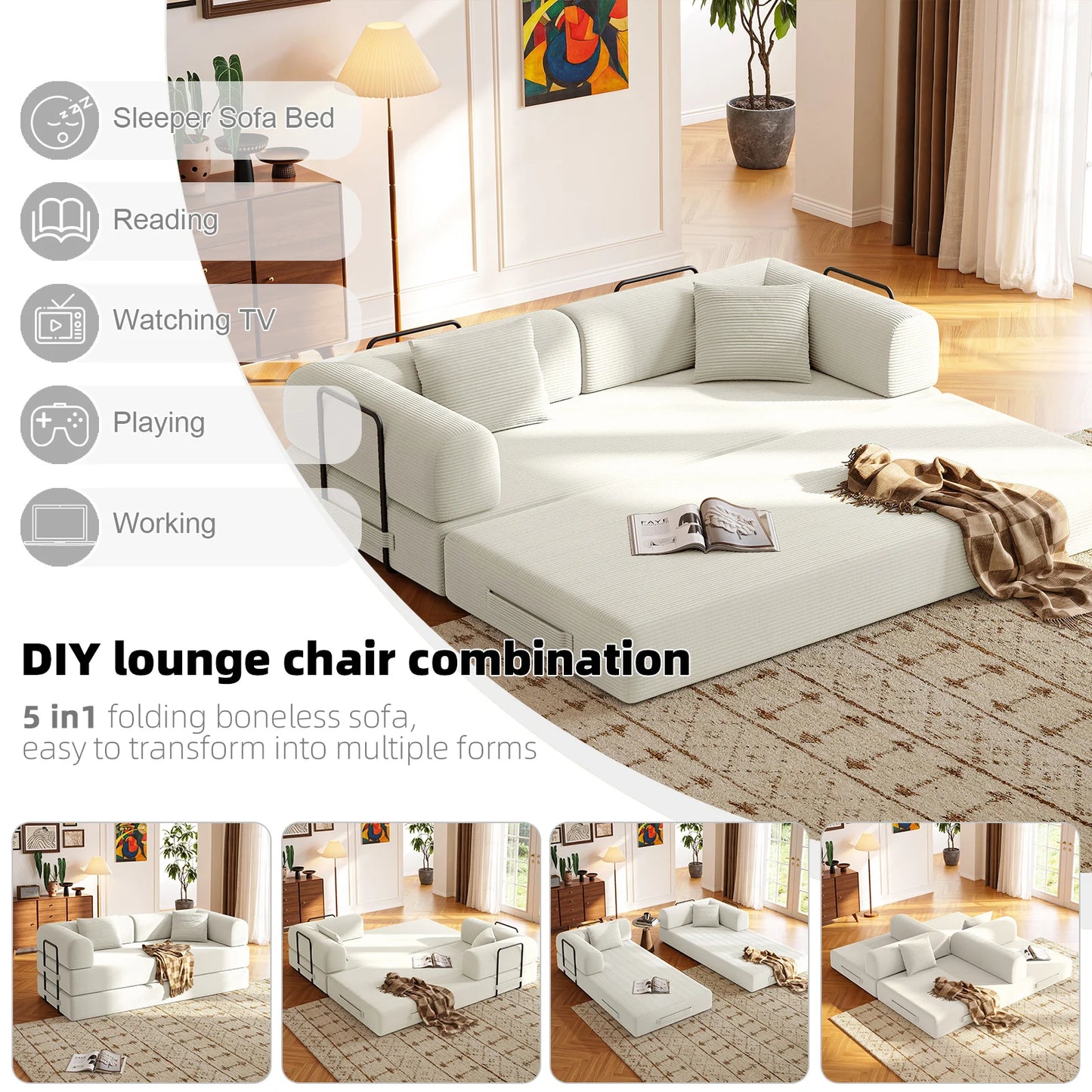 Convertible Floor Sofa Bed With Fixed Frame 5 In 1 Modular Sofa
