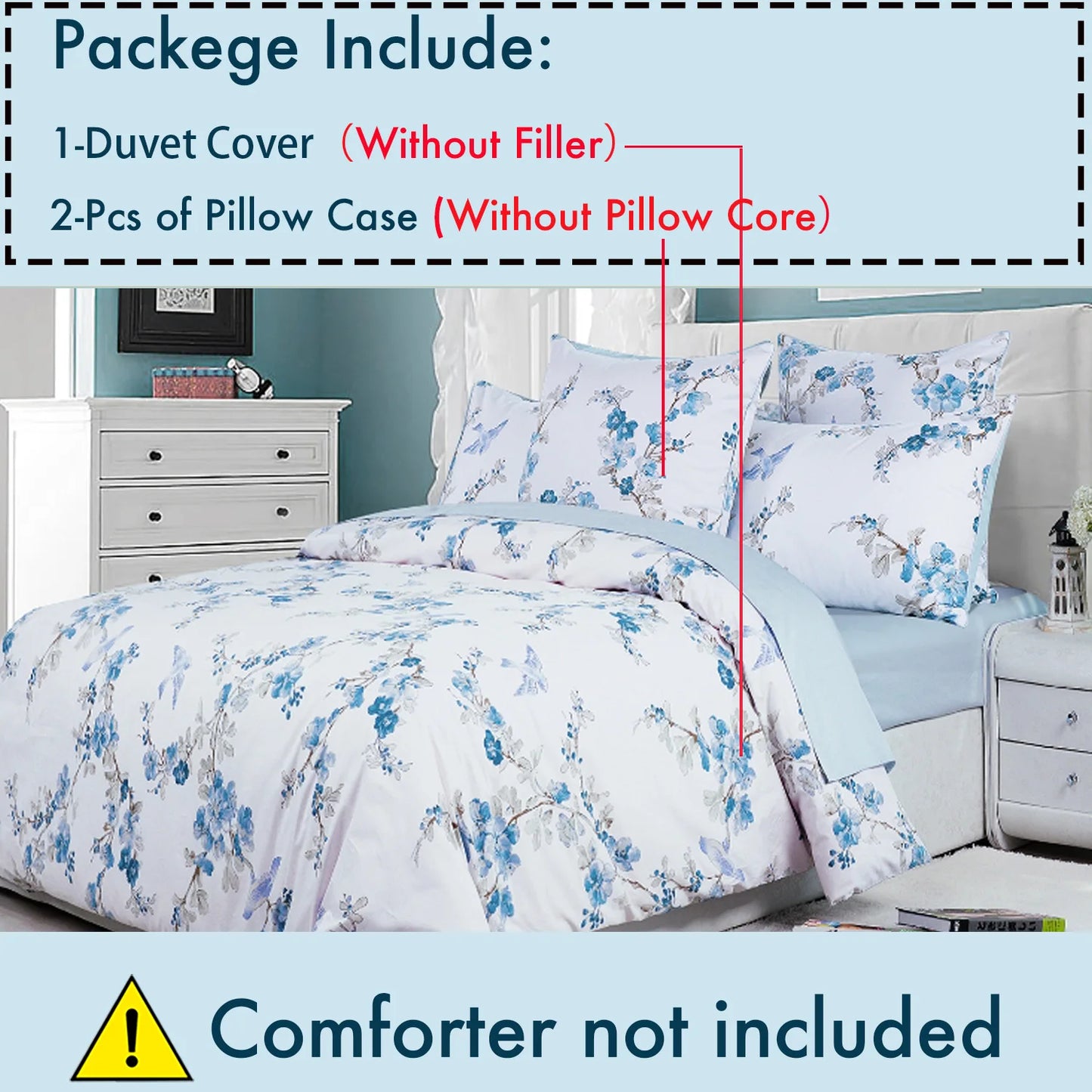3Pc 600TC Egyptian Cotton Duvet Cover Set Blue Floral