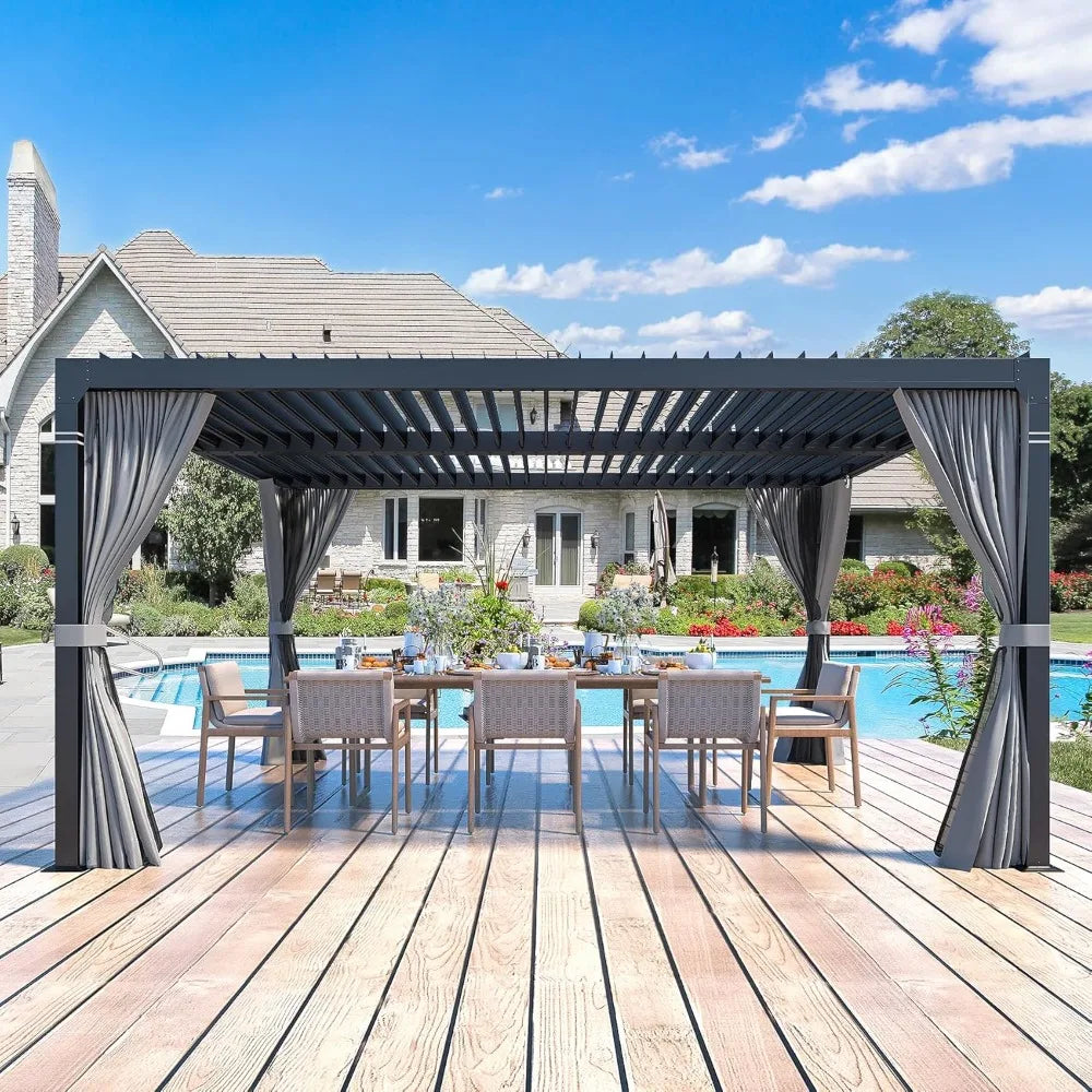 10x12 Aluminum Louvered Pergola With Adjustable Louvered Roof and Waterproof Curtains Outdoor Small Pergola