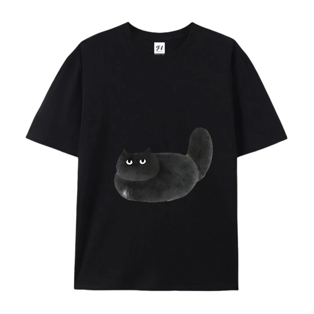 Womens Casual Black Cat Cartoon Print Short Sleeve TShirt Durable Machine Washable