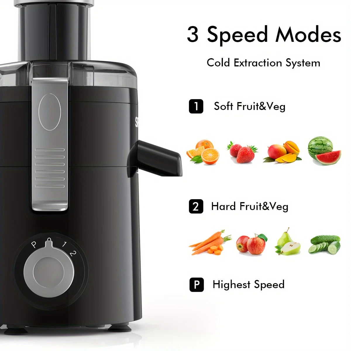 SiFENE Compact Centrifugal Juicer with Three Speed Settings Fast Juicer Machine for Fruit and Veggie Easy to Clean BPA Free Black