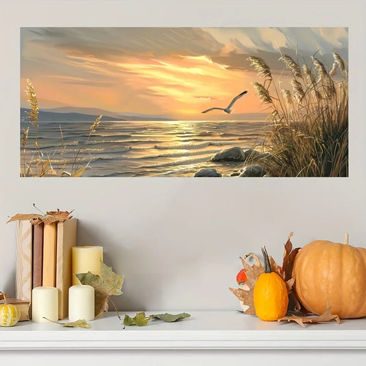 Sunset Beach Art Canvas Seascape Painting With 1.5 Inch Thick Pine Wood Frame