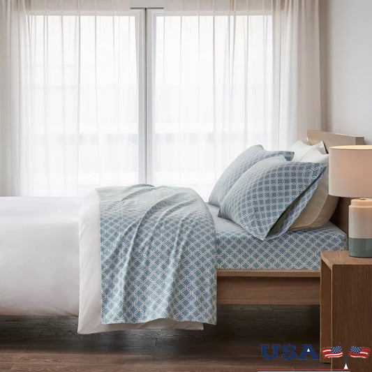 Queen Size Cotton Flannel Sheet Set 4 Piece Blue Geometric