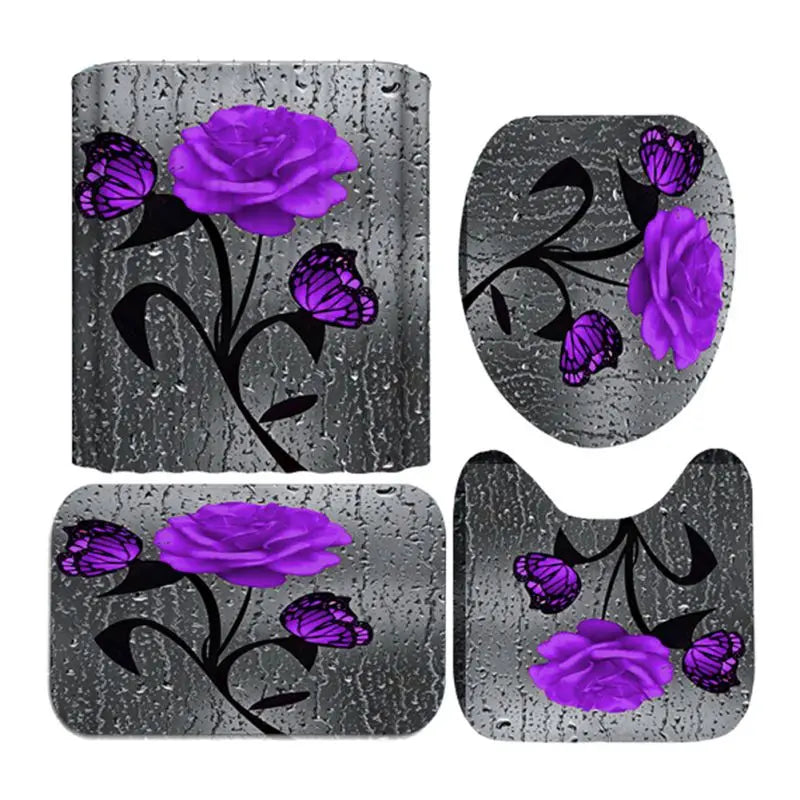 Four Piece Floral Polyester Bathroom Accessory Set Non Slip