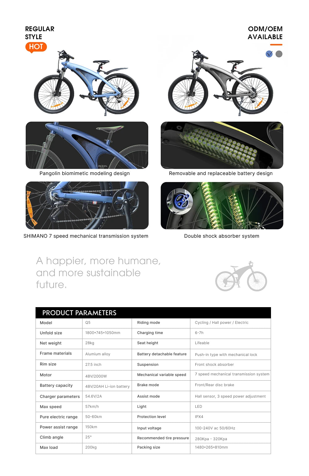 HX Q5 2000W Electric Mountain E Bike 48V 20Ah Off Road