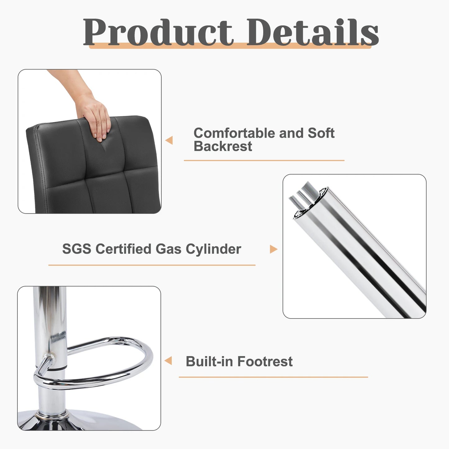 JHK PU Leather Bar Stools Set Of 2 Counter Height With SGS Gas Cylinder