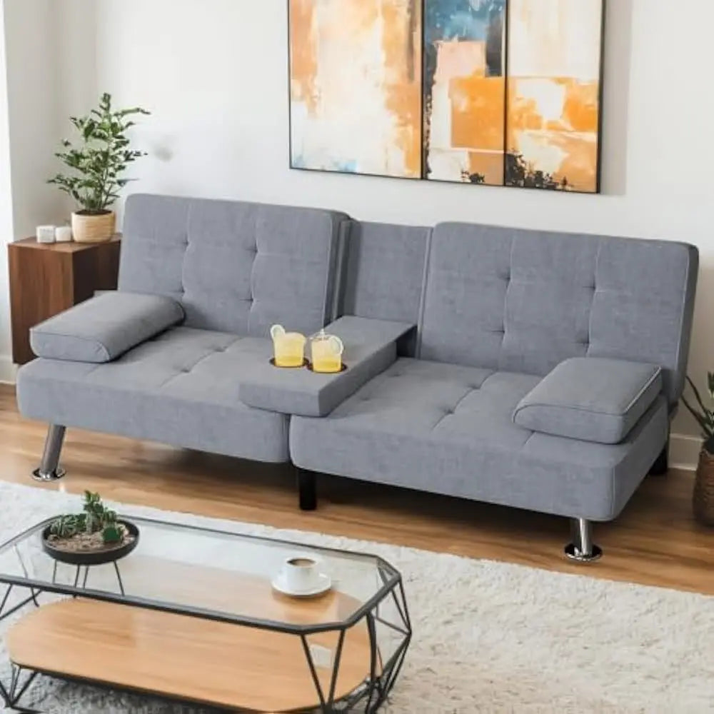 Convertible Sofa Bed With Removable Armrests Cupholders
